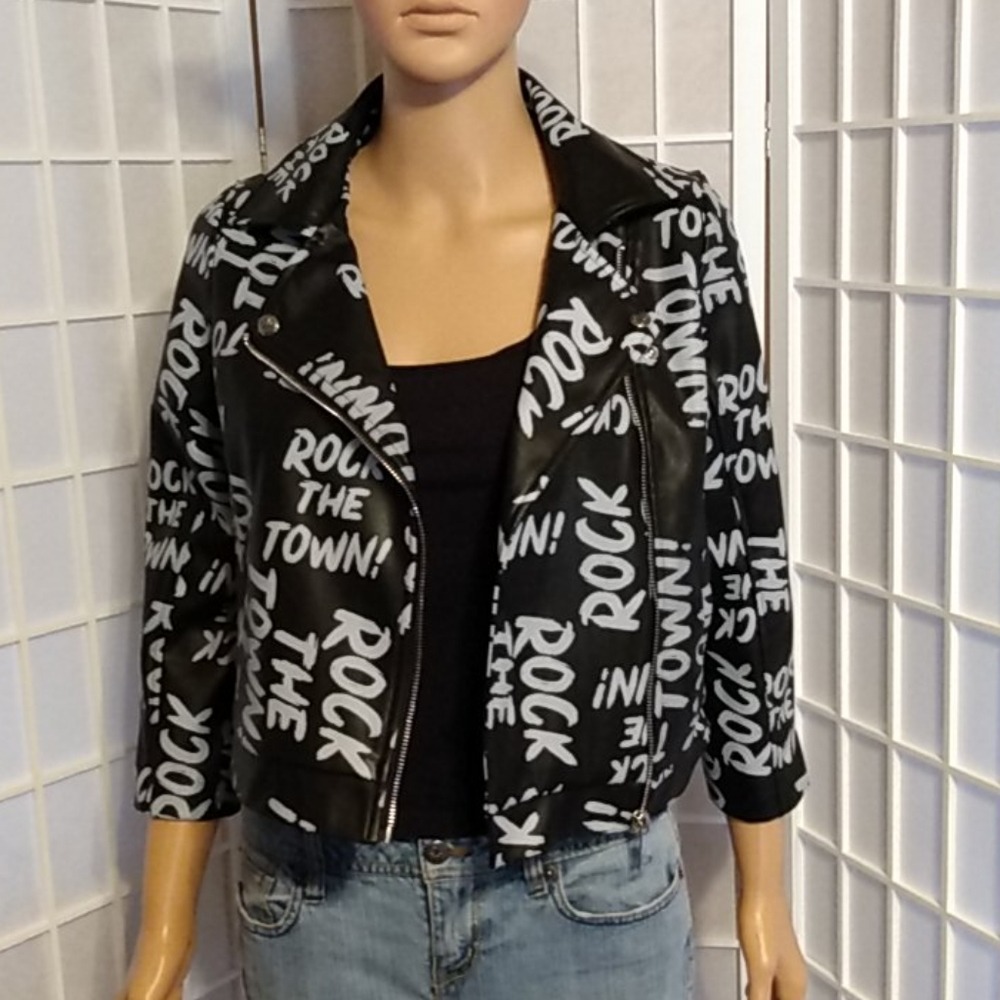 "Kids Rock‎ The Town Graphic Faux Leather Moto Jacket Black/ Gray - Large